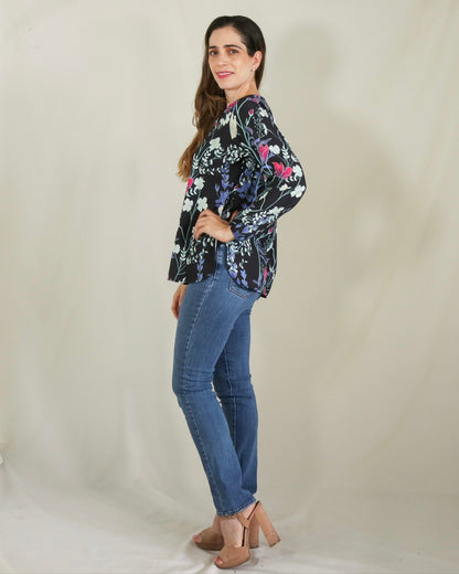Blusa de lactancia, Ruth negra flores blancas M