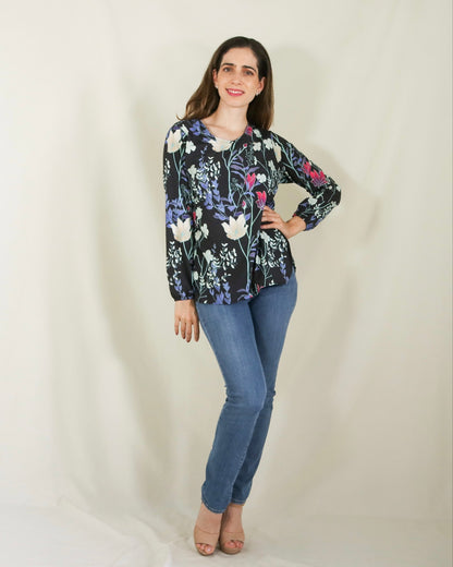 Blusa de lactancia, Ruth negra flores blancas M