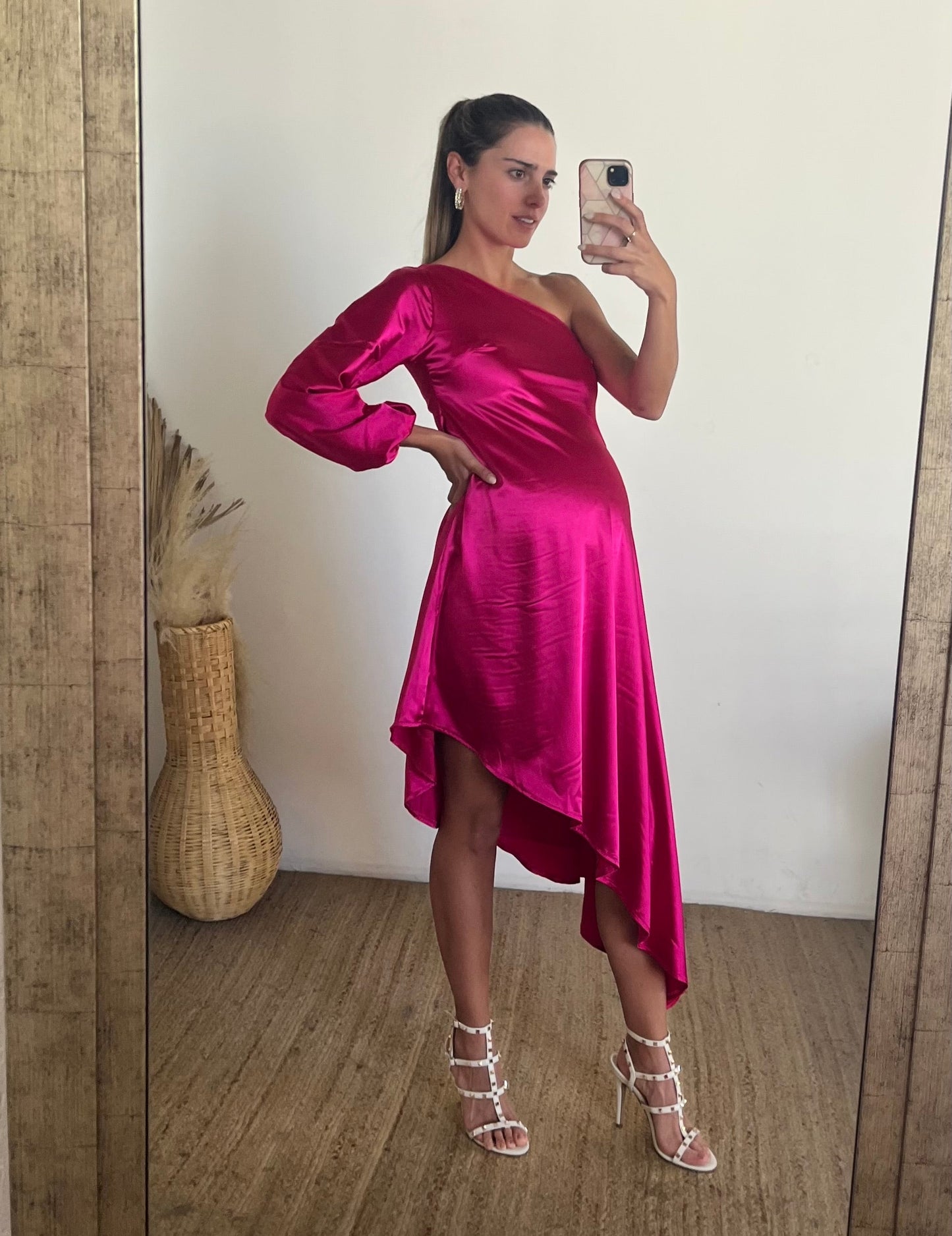 Vestido maternidad Samantha, rosa Barbie brilloso CH, M y G