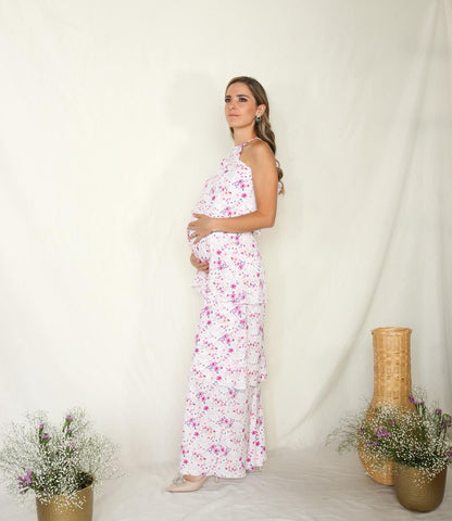 Vestido de maternidad, Tatiana blanco florecitas moradas